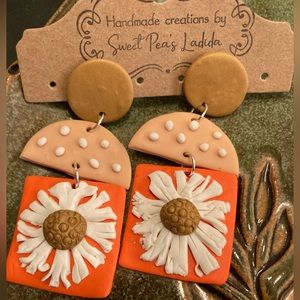 Lightweight Polymer Clay Floral Dangle Earrings. Orange and Beige.
